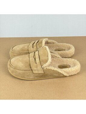 Paige Wynn Suede Lamb Fur Lined Slides Mens 10 Tan Beige Slip On Comfort